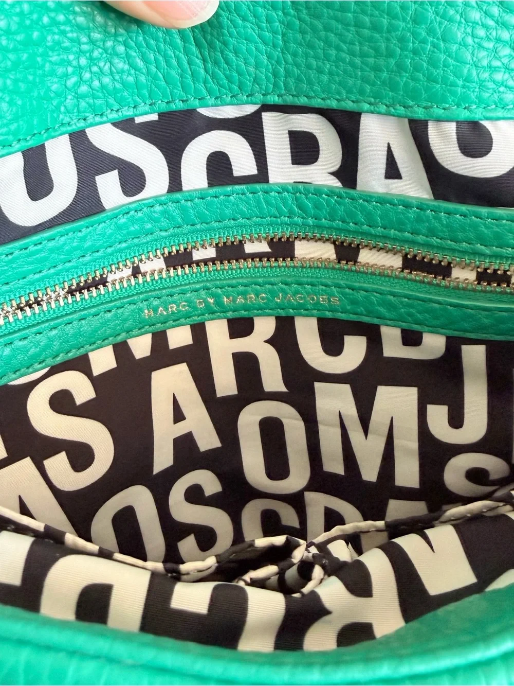 Marc Jacobs Green Pebbled Leather Backpack Top Handle Bag with Gold Plate Zip